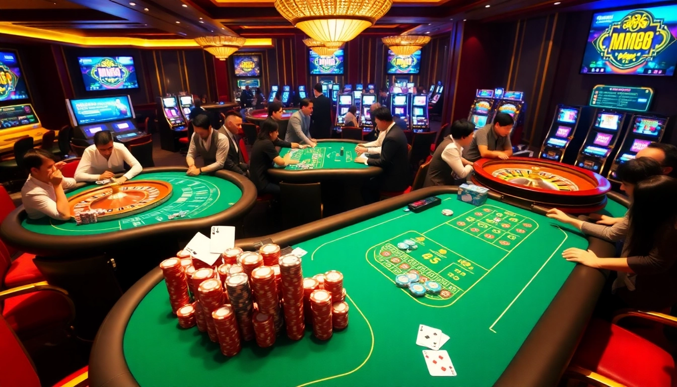 Engaging scene of gamblers at elegant casino tables on https://mm888.media/ showcasing excitement and luxury.