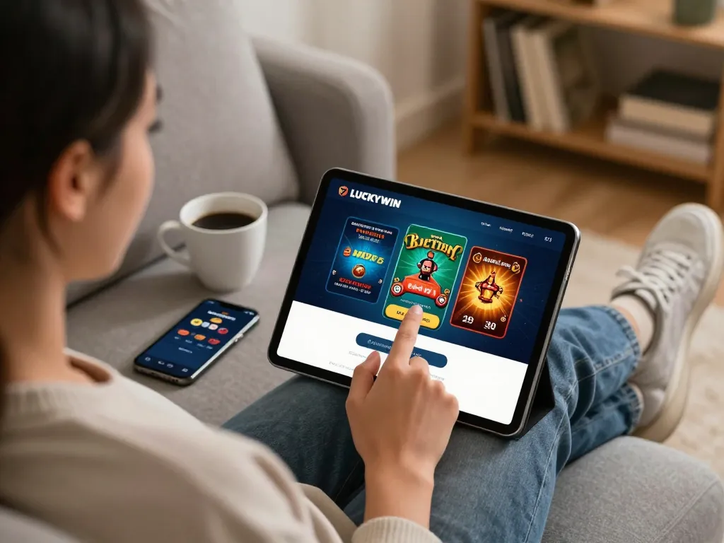 Logging in to LUCKYWIN online casino app on a tablet, showcasing vibrant poker options in a cozy home setting.