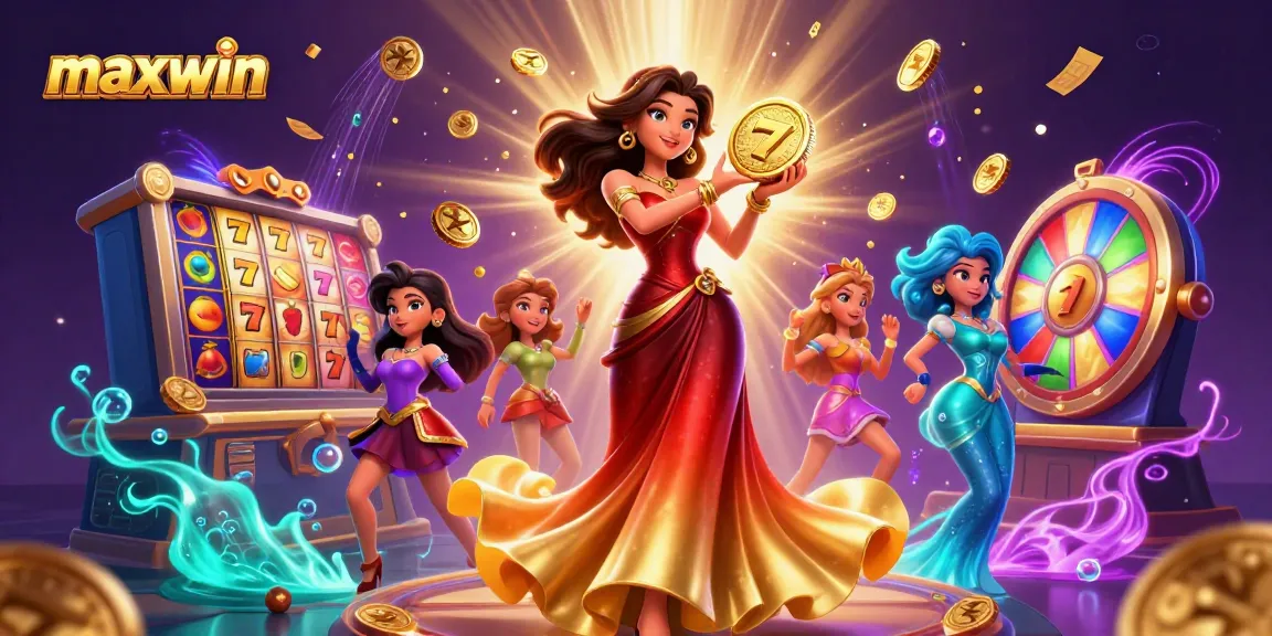 maxwin offers exciting slot gameplay with a stunning golden coin and vibrant casino elements raining down.