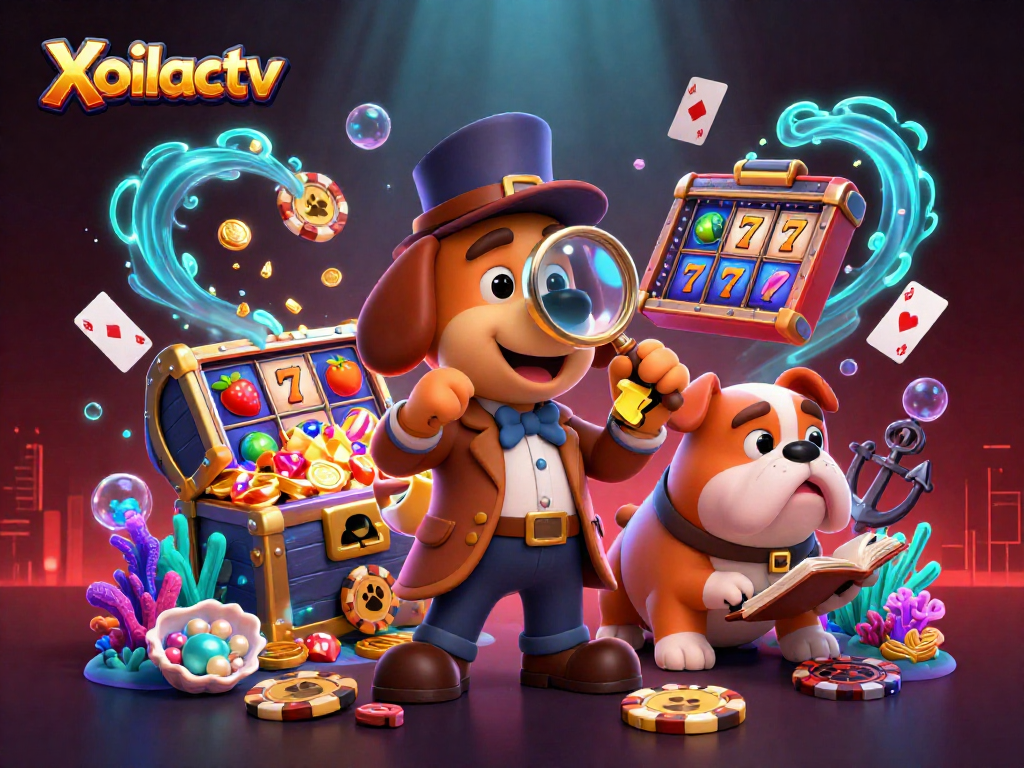 Xoilactv showcases a 3D cartoon detective and a bulldog exploring exciting slot games with vibrant treasure elements.