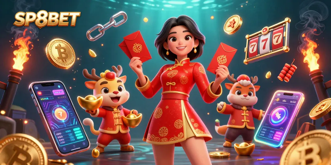 Experience exciting gaming at SP8BET with vibrant visuals of cryptocurrency and casino elements.
