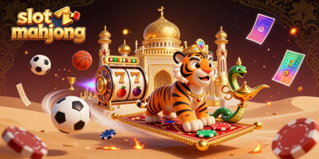 Engage with vibrant slot mahjong action featuring a tiger sultan on a flying poker chip carpet surrounded by dynamic game elements.