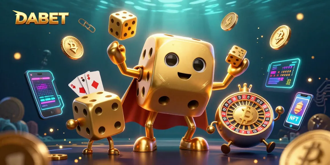 DABET casino scene showcasing a golden dice golem juggling dice in a vibrant crypto theme.