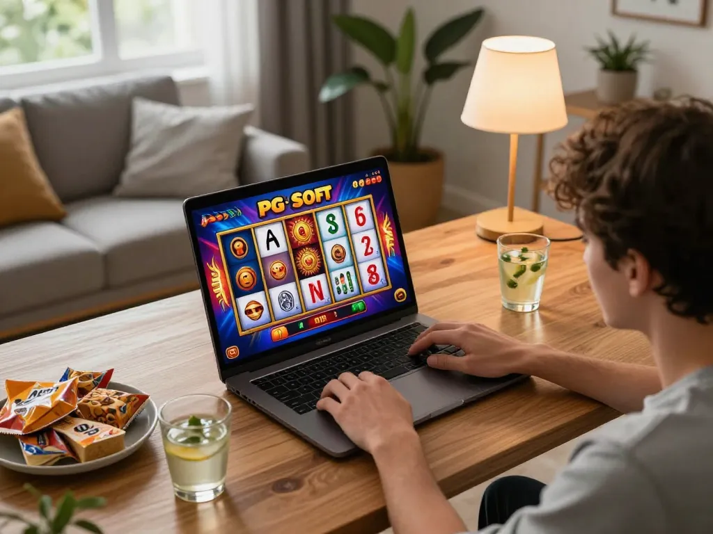 Pemain menikmati Demo Slot PG Soft Mahjong di laptop di rumah, menampilkan grafik kemenangan yang cerah dan suasana yang nyaman.