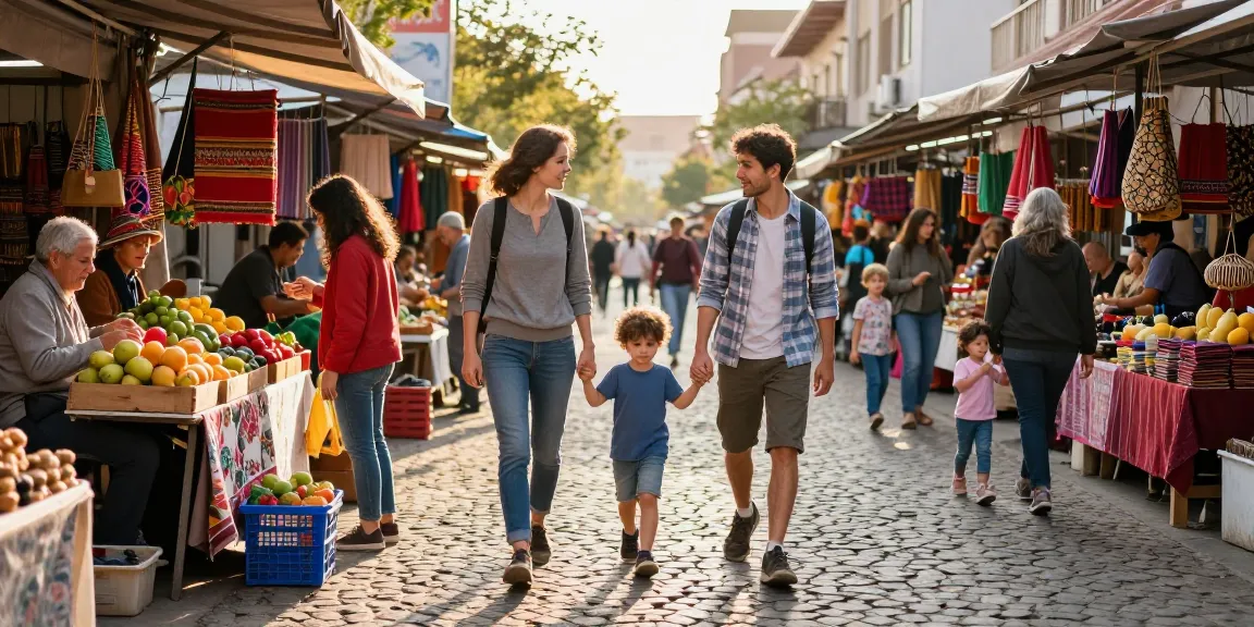 Keluarga menjelajahi pasar kota yang hidup di https://miami4d.com/ saat senja, menikmati kerajinan lokal dan produk segar.