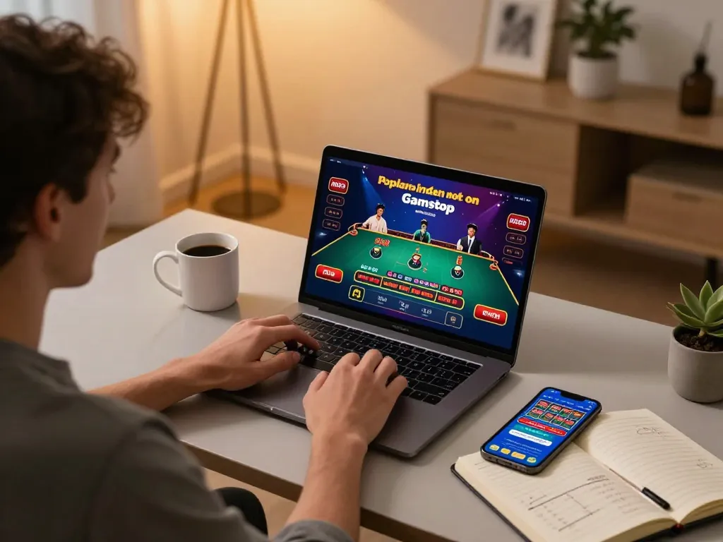 Engaged player using online gambling app at home, exploring casinos not on Gamstop.