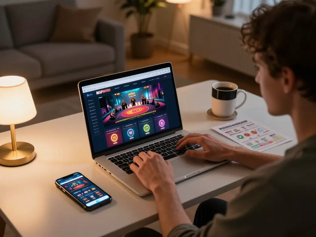 Kuwin user engaging in online casino gameplay from a cozy home setup with tablet and betting notes.