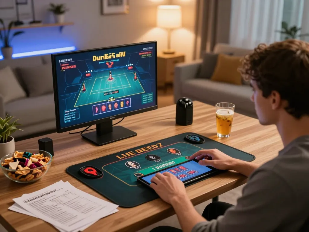 Player using tablet for go8 đăng nhập in a cozy home office, engaging with live dealer games.