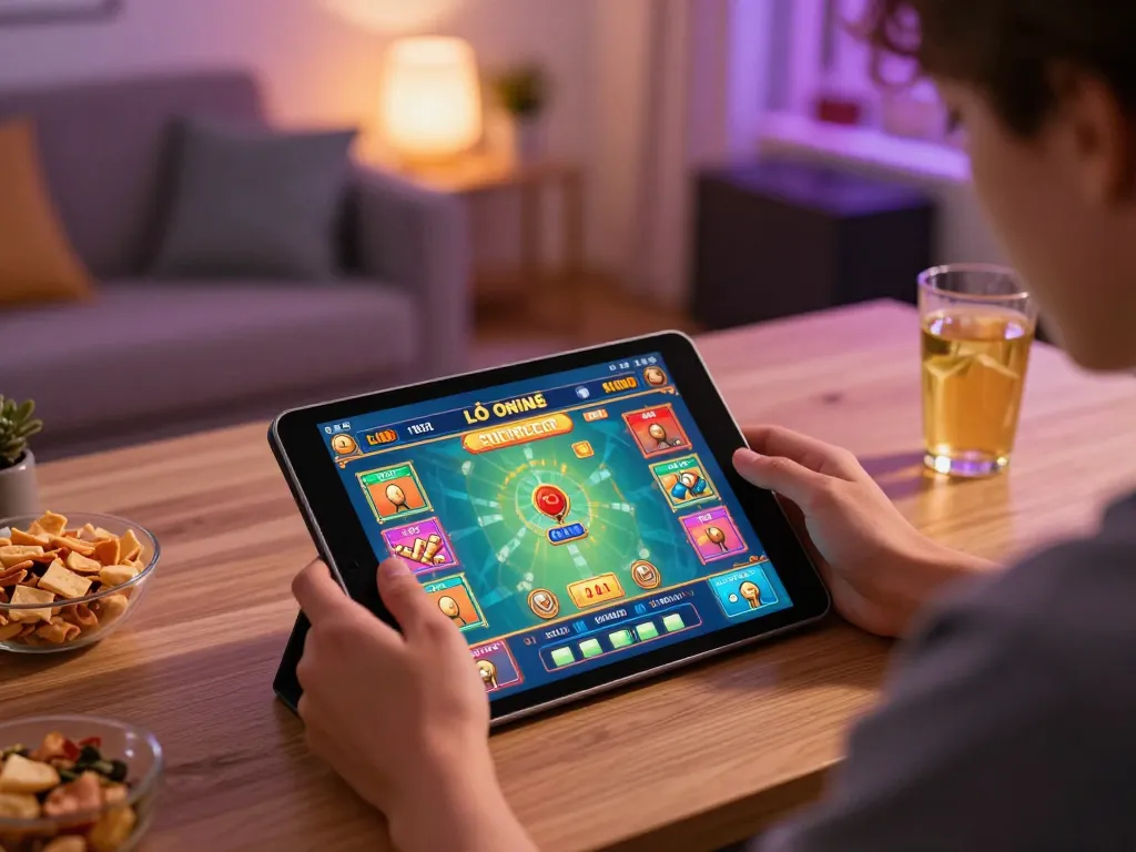 Lô đề online gaming session in a cozy home office with colorful interface displayed