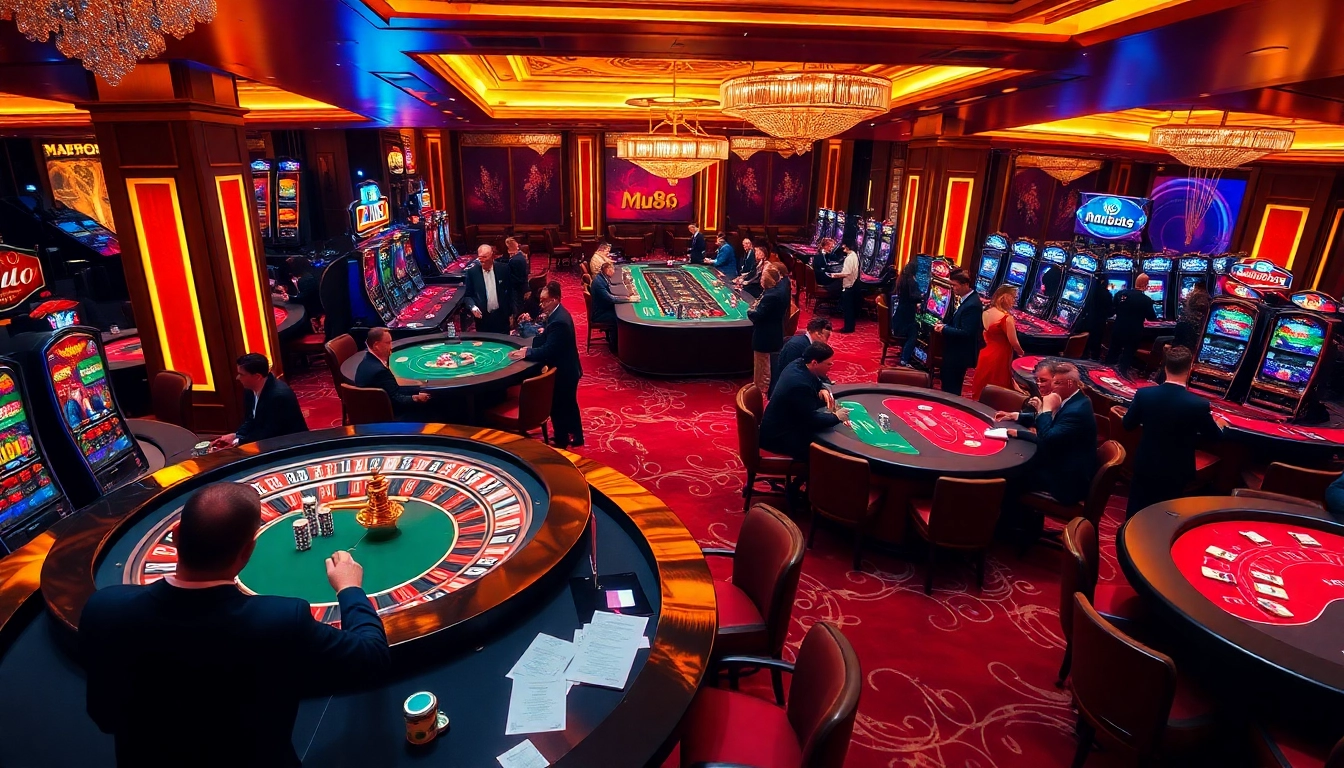 Players enjoying their winnings at Mu88 Casino’s vibrant gaming floor with poker tables and roulette wheels.