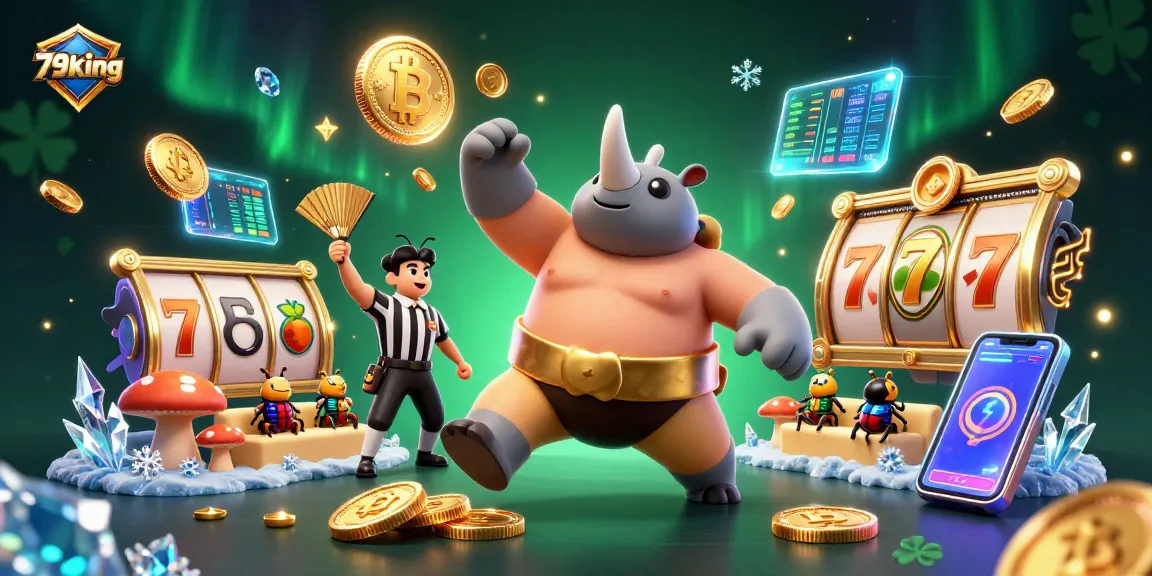 Bet big with 79king as a sumo beetle champion stomps out golden coins in a vibrant casino scene.