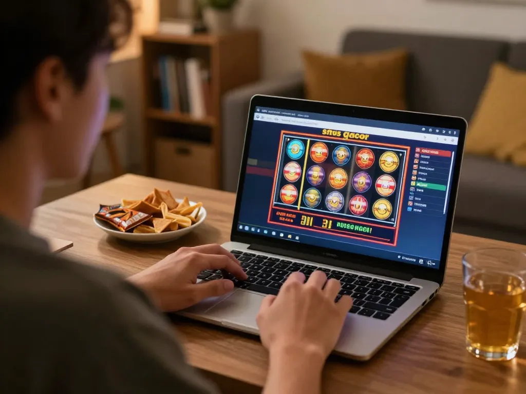Engaging in situs gacor online, player enjoys colorful slot reels spinning on laptop at home.