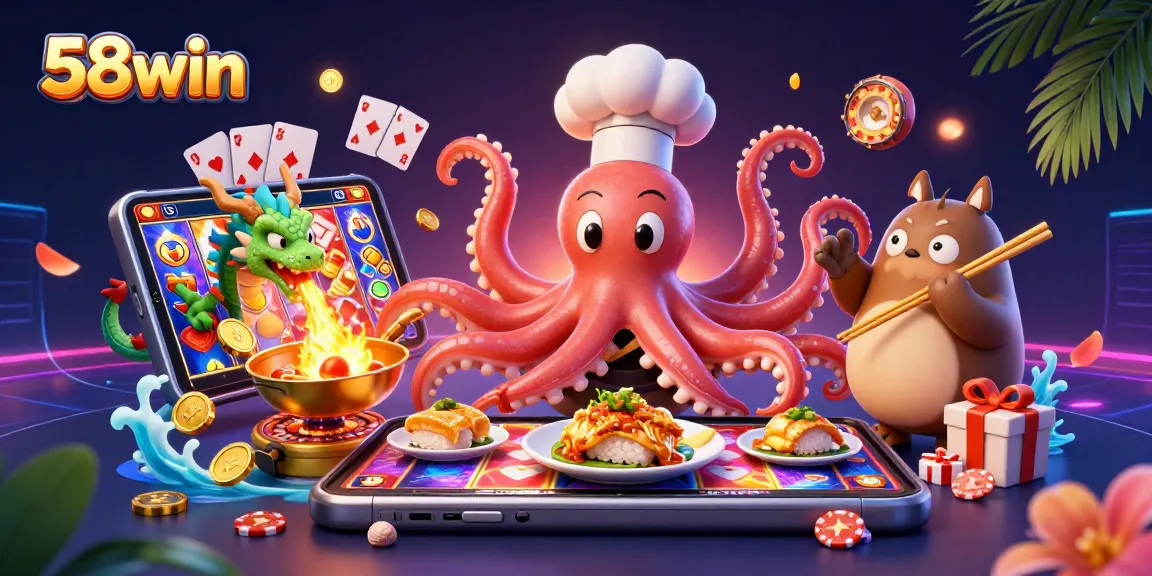 Engage with 58win's vibrant casino scene featuring creative characters and exciting game elements.