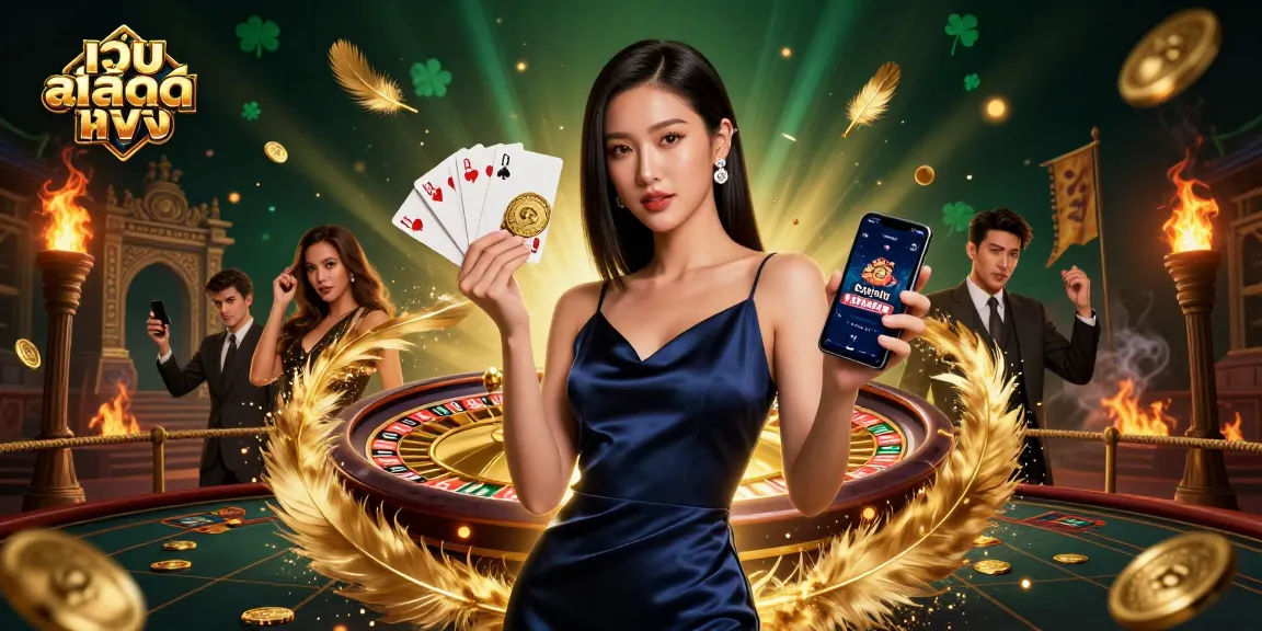 Experience the thrill of เว็บสล็อตตรง with a confident woman showcasing her casino winnings on a smartphone amidst dramatic casino elements.
