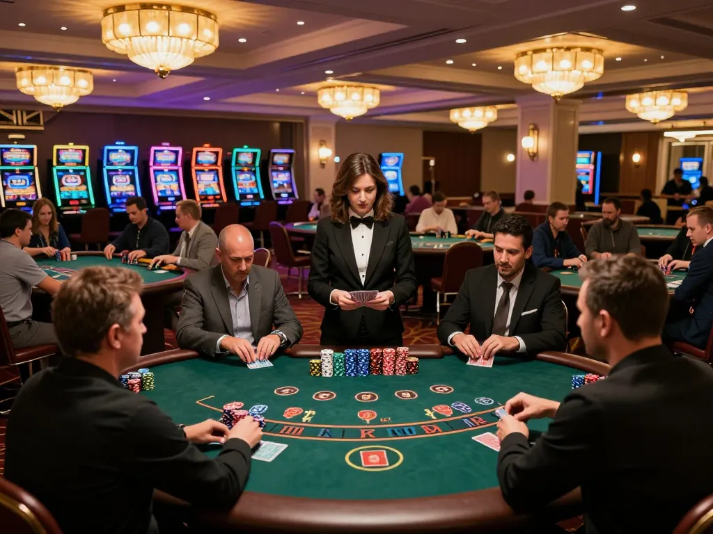 Players strategizing their bets at blackjack tables while enjoying ดูหนังใหม่ on the casino floor, enhancing the immersive experience