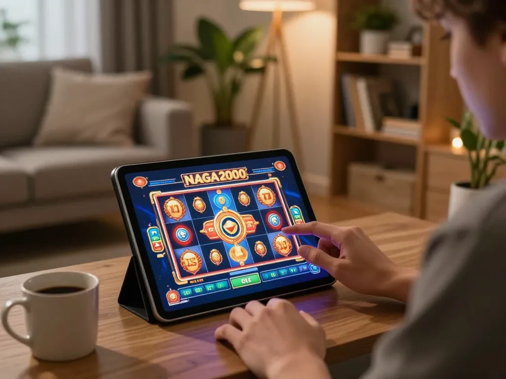 NAGA2000 player engaging with slots on a tablet in a cozy living room setting.