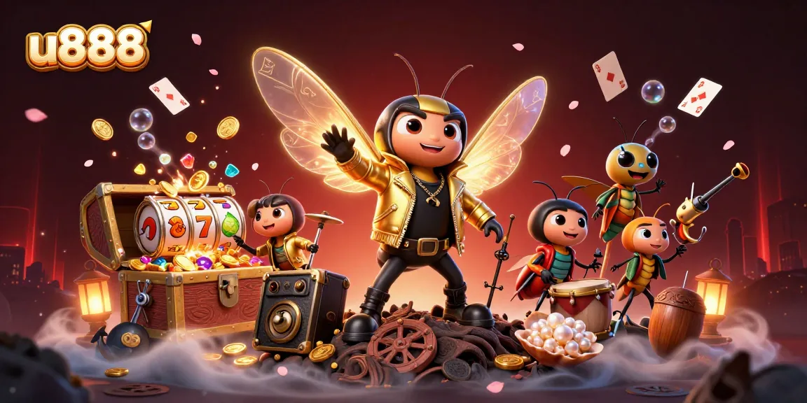 u888 enhances excitement with a vibrant casino scene featuring a cicada rock star, slot reels, and rich treasures.