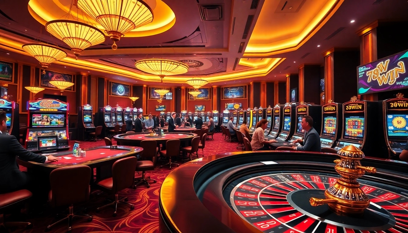 Experience the thrill of gaming at 78WIN with vibrant tables, slots, and excited players.
