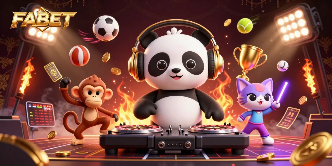 FABET themed casino illustration featuring a DJ panda, dancing monkey, and glowing kitten