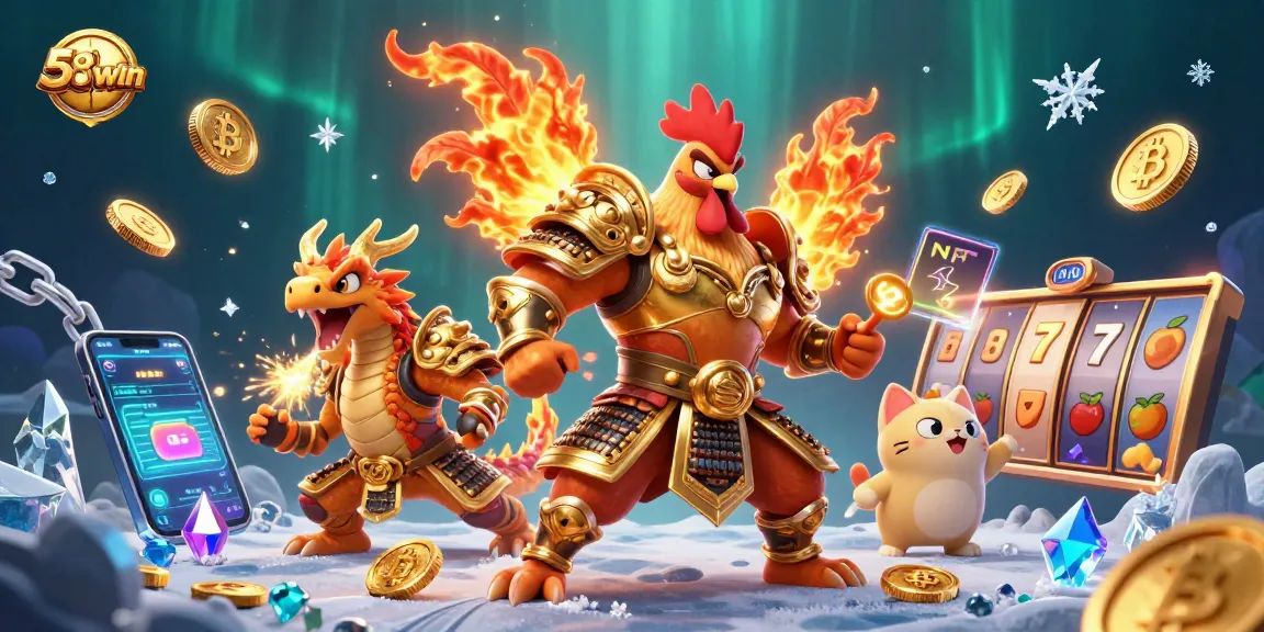 Bet on 58win with vibrant 3D illustrations, featuring unique characters and rich casino elements.