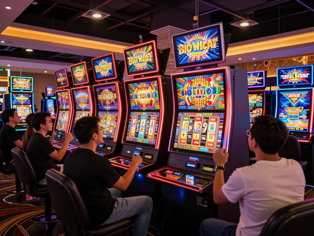 Pemain menikmati permainan slot yang menarik dengan gulungan yang berwarna-warni dan pembayaran yang dinamis