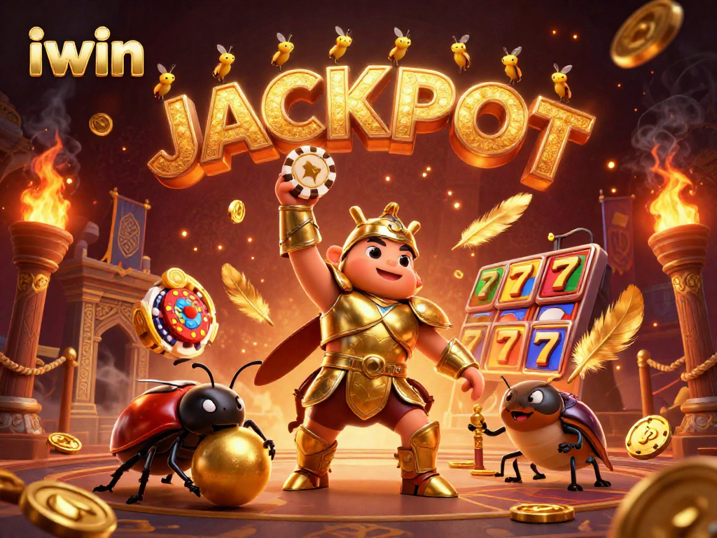 iwin champions in a vibrant casino scene featuring a victorious beetle hero and jackpot celebration