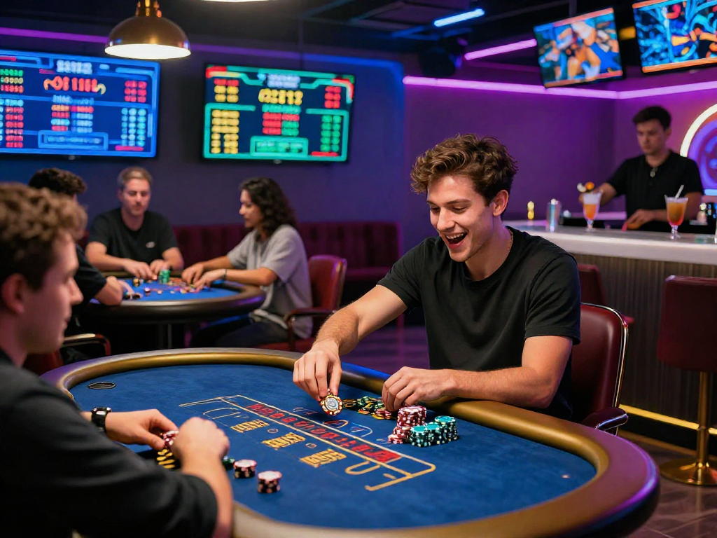 Engaging scene at a crypto casino with diverse players enjoying games and cryptocurrency betting.