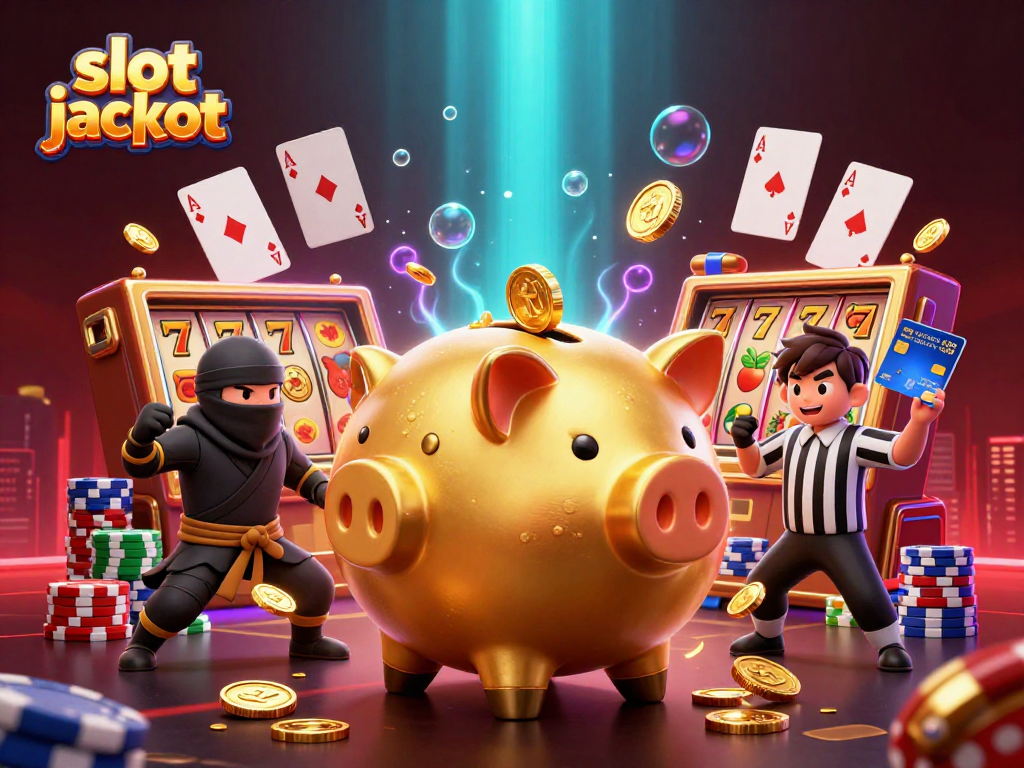 Spin the slot jackpot reels while the golden piggy bank sumo wrestler shakes loose coins!