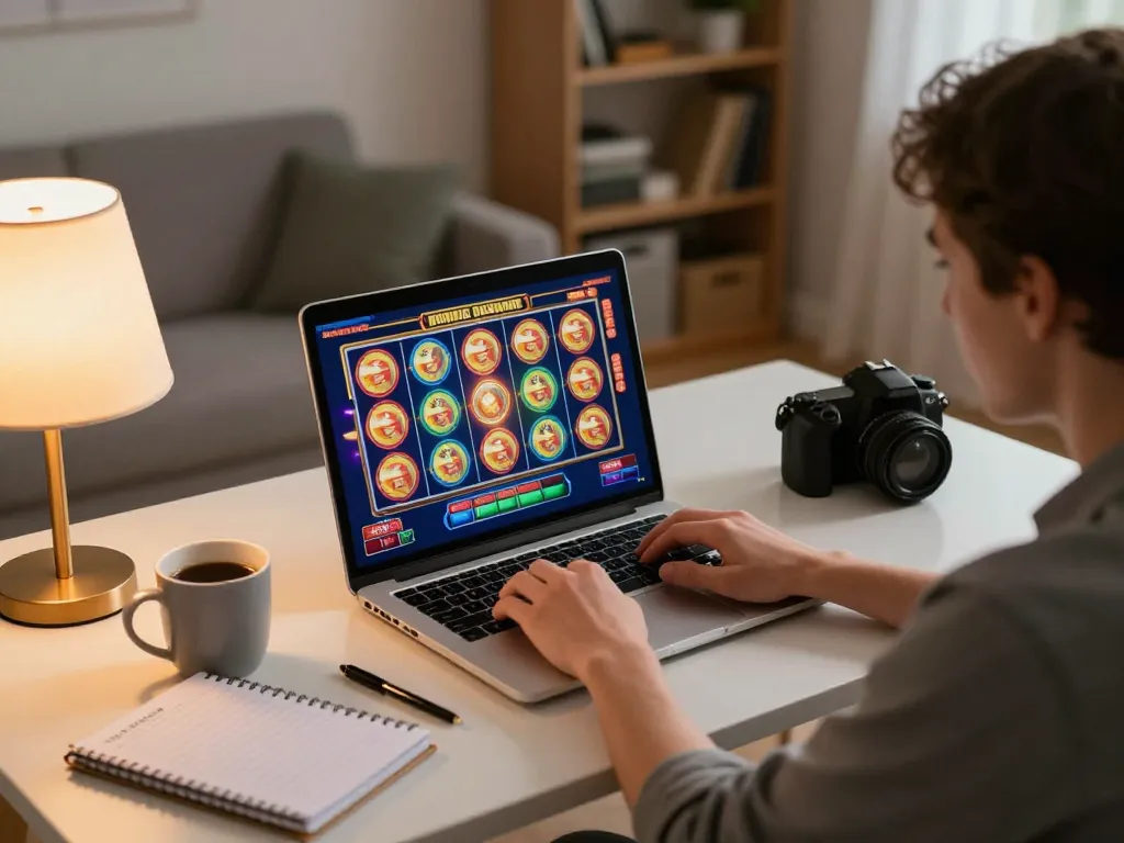 Engaging in online slots at home using VIN777, showcasing colorful games and cozy atmosphere