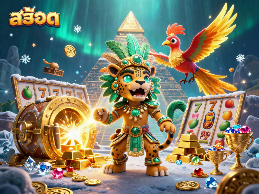 Experience สล็อต magic with a vibrant scene showcasing a Mayan jaguar priest among slot reels and treasures!