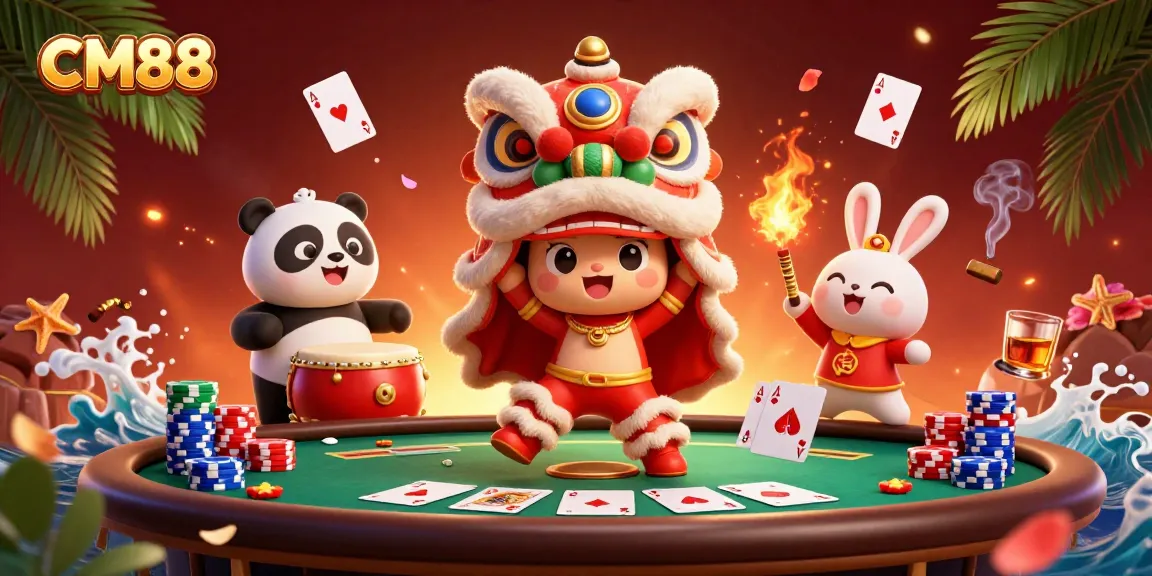 Engage with CM88's thrilling casino adventures featuring animated characters and vibrant decor.