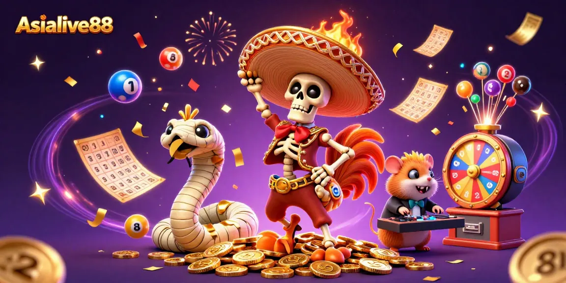 Win big with Asialive88 at this vibrant casino-themed celebration illustration!