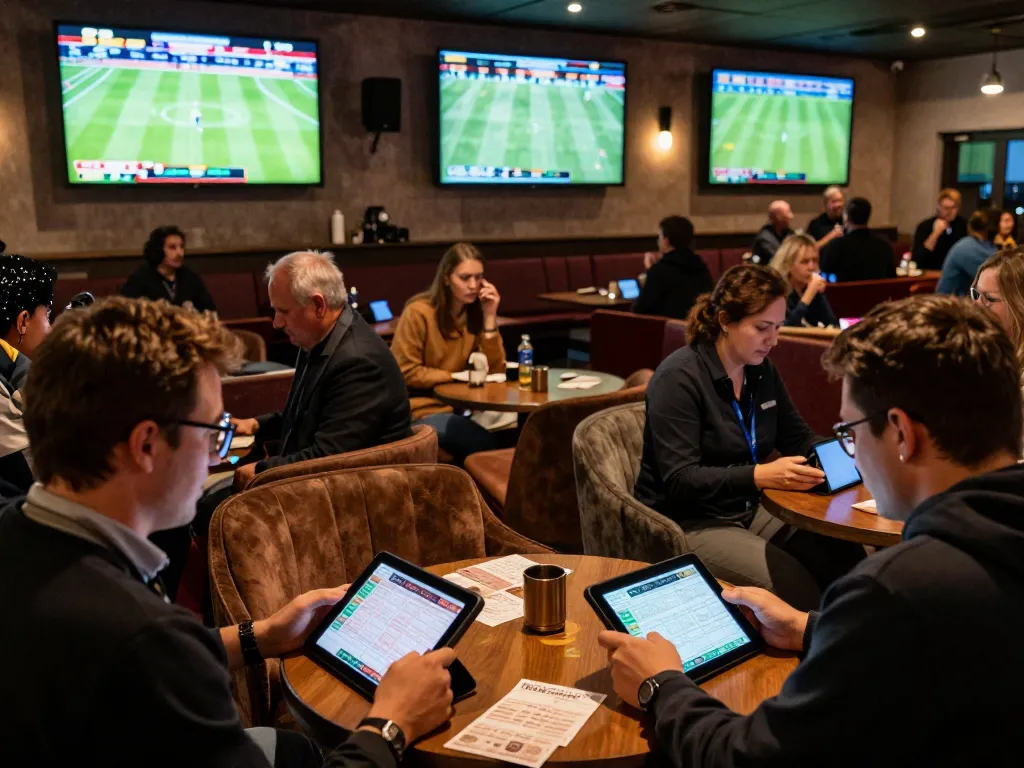 Excited bettors analyzing kèo nhà cái hôm nay in an upscale sports betting lounge, showcasing the vibrant atmosphere.