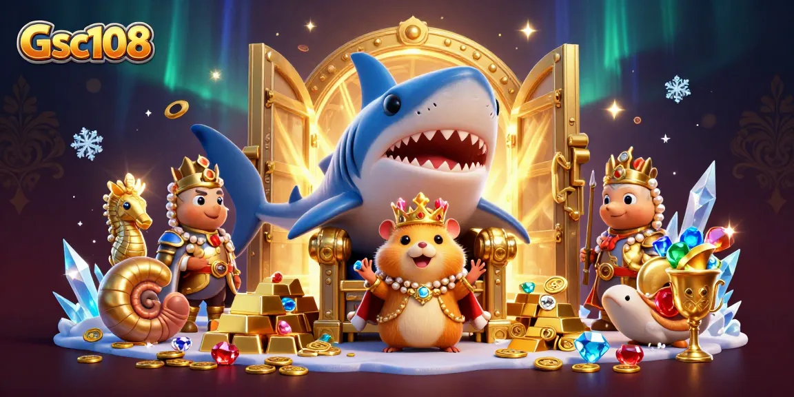 Gsc108 menghadirkan kasino online dengan raja hamster emas di tahta gigi hiu, dikelilingi kekayaan.