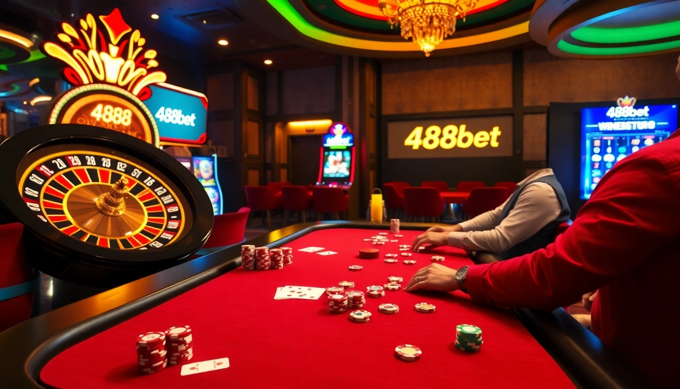 Escena de casino repleta de acción con juegos de póker de 488bet y la emocionante adrenalina del juego.