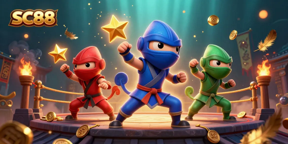 SC88 team of ninja chameleons performing martial arts amidst swirling gold coins and casino symbols.