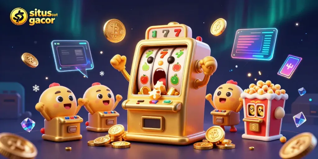 Slot mesin emas merayakan jackpot di situs slot gacor dengan koin berkilau dan keseruan pada latar belakang.