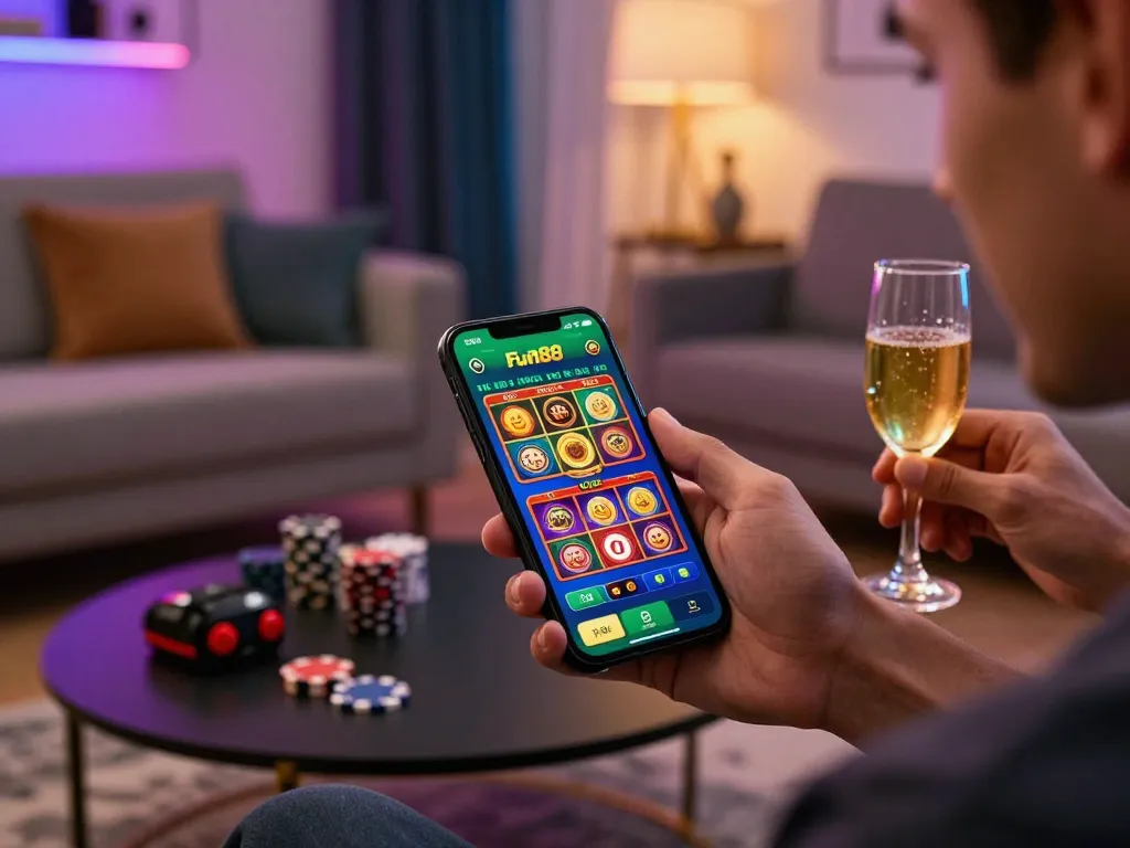 Excited user engages with the Fun88 casino app in a stylish home environment.