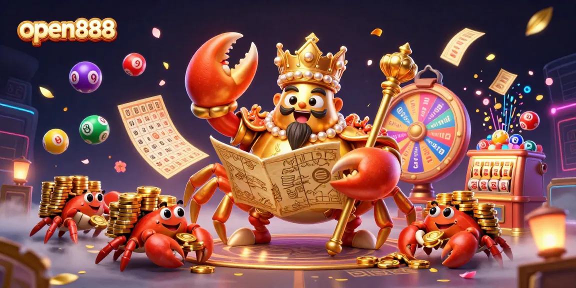 Experience the thrilling ambiance of open888 with a golden crab emperor, colorful lottery elements, and striking graphics.