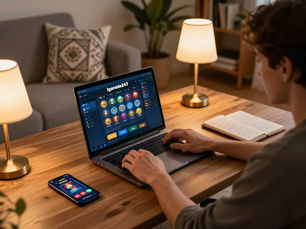 Engaged player at home using laptop for Igamble247 Slot gaming with strategic notes and smartphone.