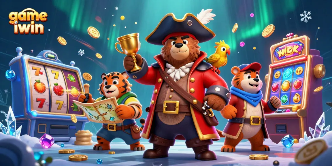 Play the game iwin with a pirate bear and a tiger, surrounded by vibrant slot elements.