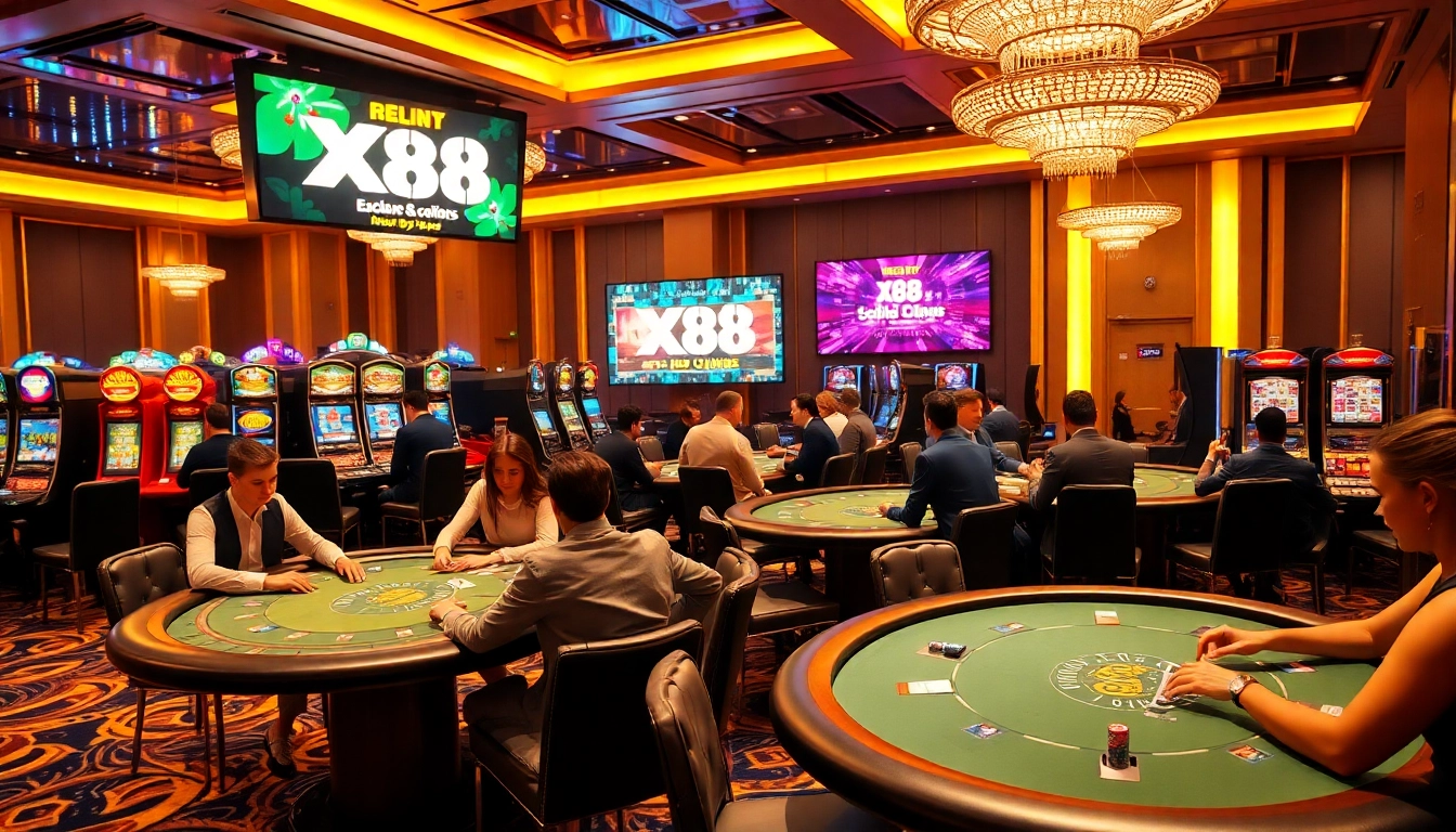 X88 gamblers strategizing at a luxurious casino table with vibrant slot machines in the background.