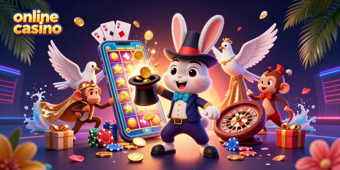 Exciting online casino scene with a magician rabbit, dove, and monkey surrounded by dynamic gaming elements.