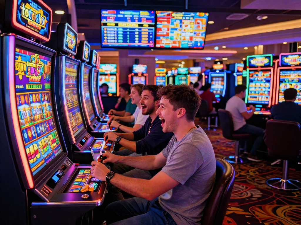 Players enjoying the thrill of toto slot games in a lively casino atmosphere.