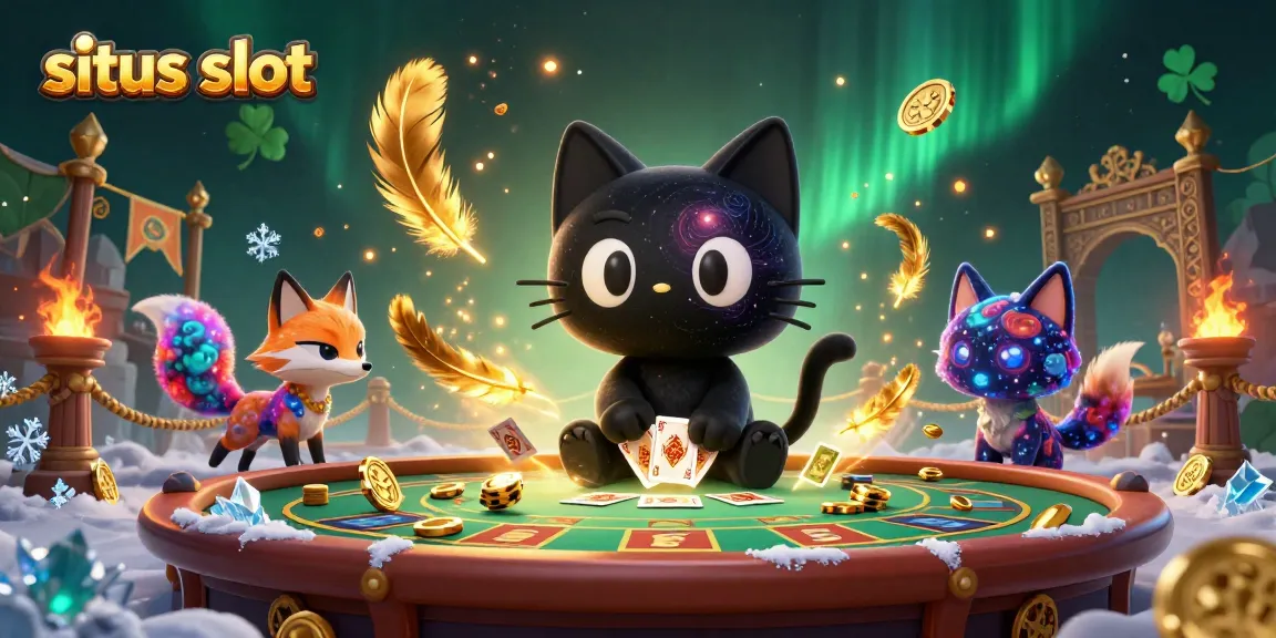 Menggoda pemain situs slot dengan kucing hitam 3D dan rubah nebulosa di meja kasino, penuh chip emas.