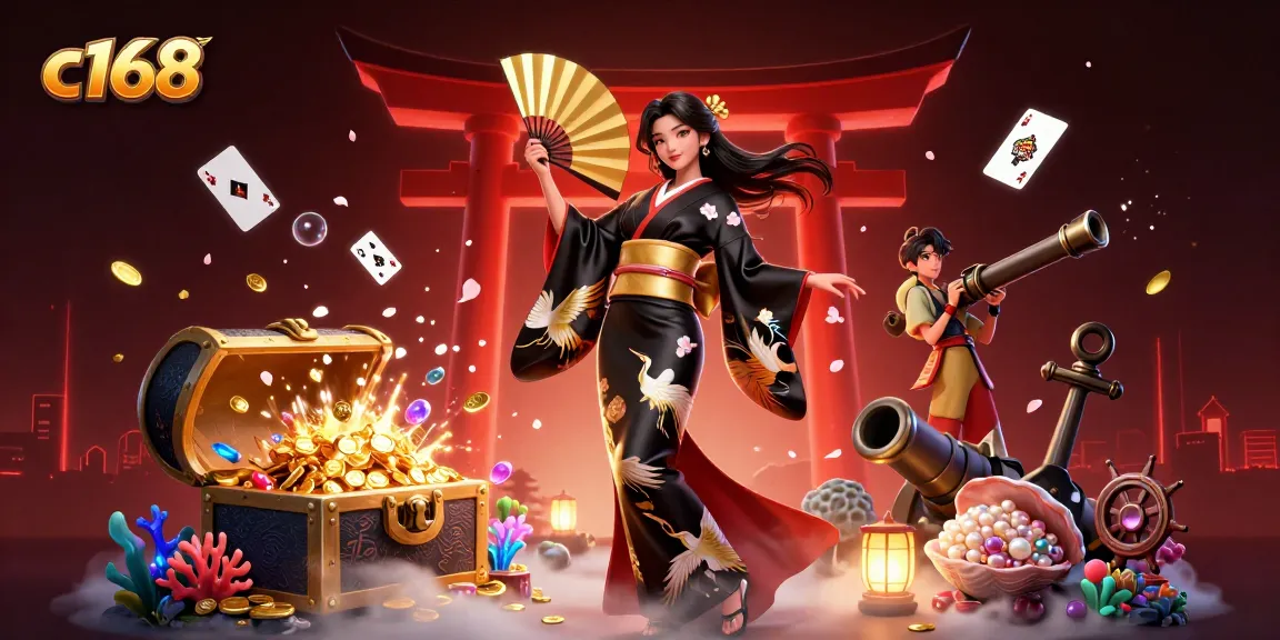 Play exciting games at c168 with a stunning Asian casino goddess amidst treasures and vibrant graphics.