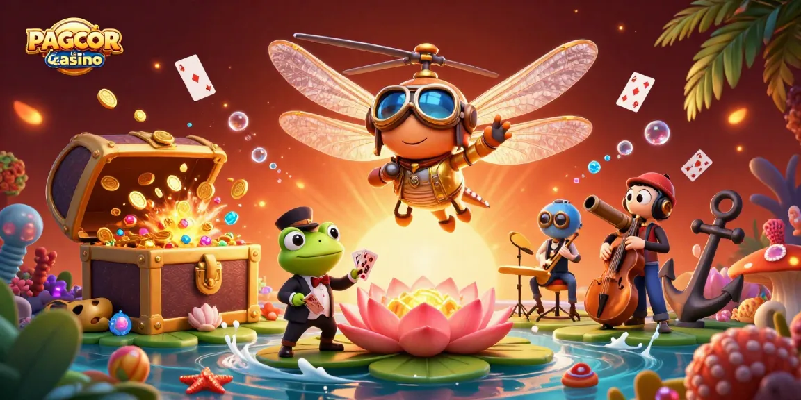 PAGCOR licensed casino scene with a dragonfly pilot and frog croupier amid jazz players.
