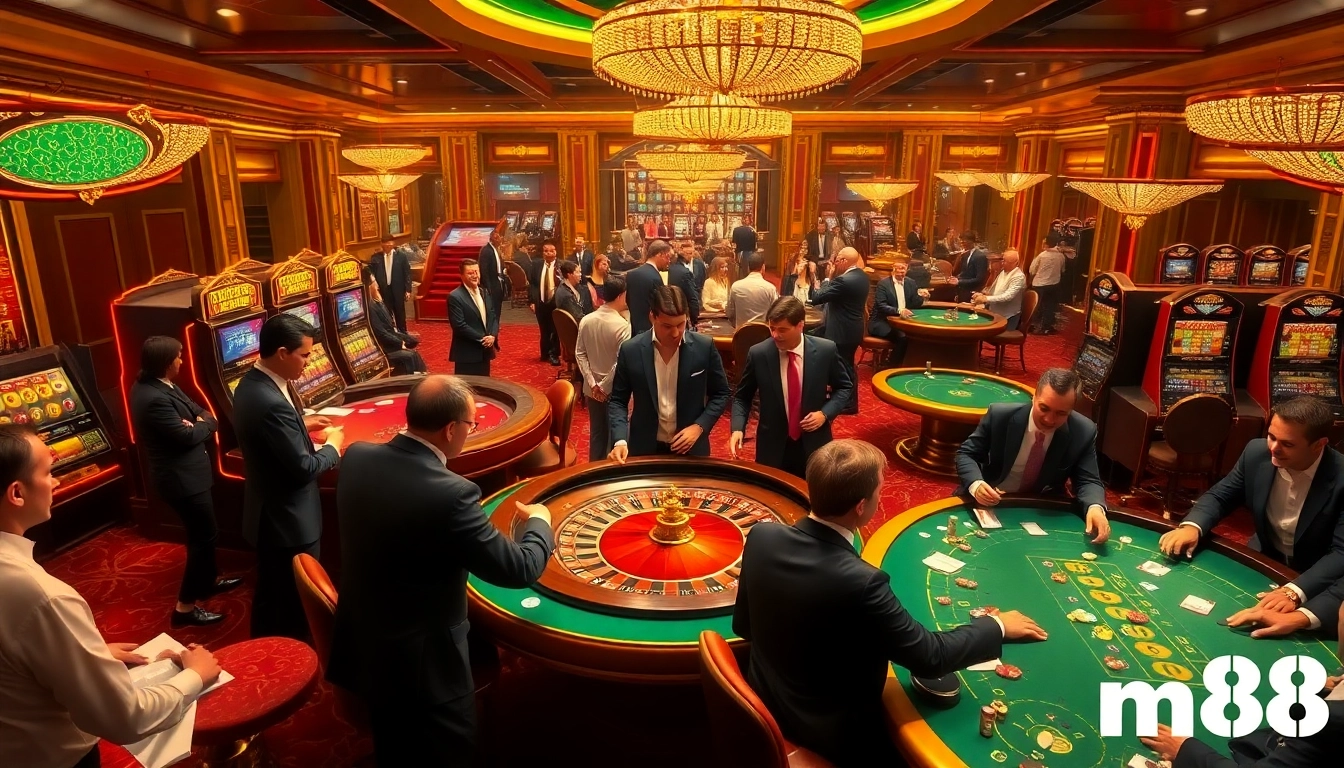 Gamblers enjoying a dynamic game environment at nhà cái m88, complete with roulette wheels and vibrant slot machines.