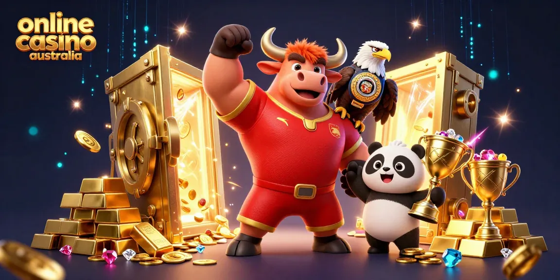 Celebrate wins at the online casino australia with a victorious bull, eagle champion, and panda trophy holder.