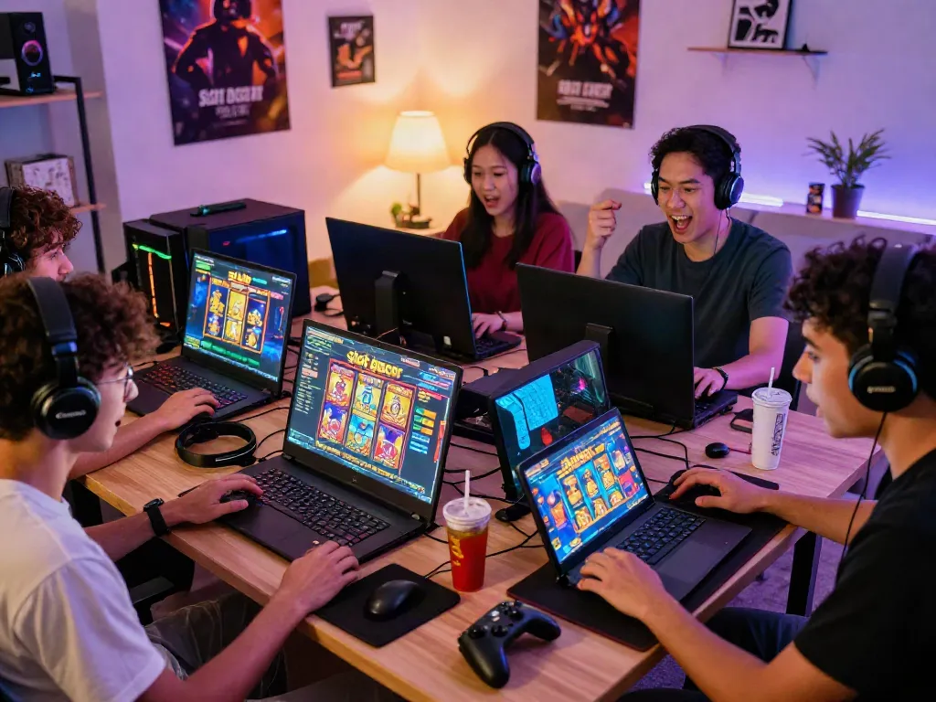 Gamers engaging with slot gacor games in a vibrant atmosphere